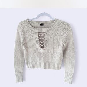 Express Beige Knit Sweater with Lace-Up Detail